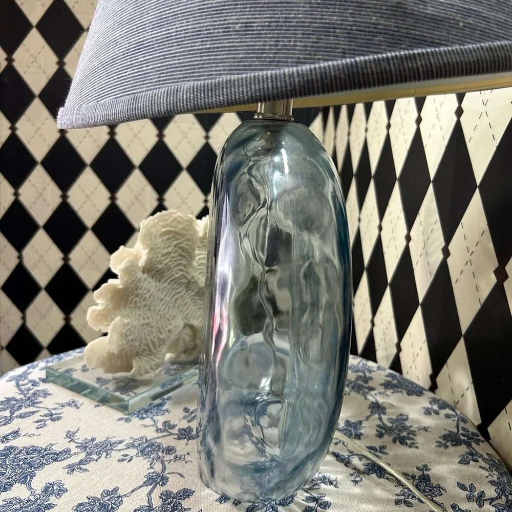 Translucent Light Blue Spherical Table Lamp with Deep Blue Shade– Coastal Luxury